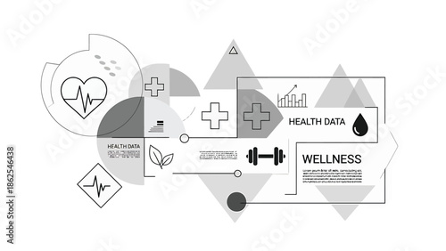 Wellness and health data visualization with medical and fitness icons.
