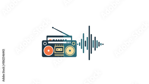 Retro radio illustration with sound waves representing music broadcasting and audio entertainment.