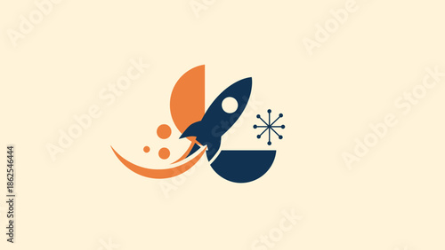 Retro rocket ship launching into space with orange and blue elements.