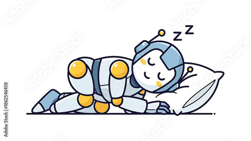 Sleeping robot rests peacefully on a soft pillow, dreaming of circuits and code.