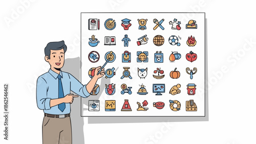 Man Presenting Icon Set on Whiteboard with Pointer.