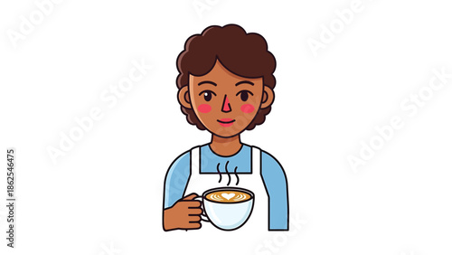 Smiling barista holding a cup of coffee, ready to serve customers with a warm beverage.