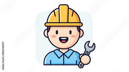 Smiling construction worker holding a wrench, ready for work, wearing a yellow helmet.