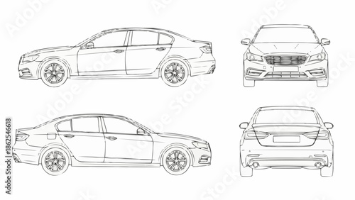 Car Blueprint - Detailed Technical Drawing of a Sedan.