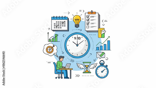 Time Management and Productivity Illustration with Person Working on Laptop.