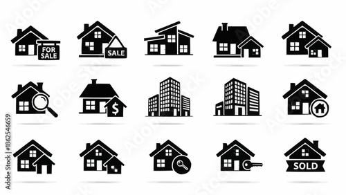 Real Estate Icon Set - Houses, Buildings, and Property Symbols.