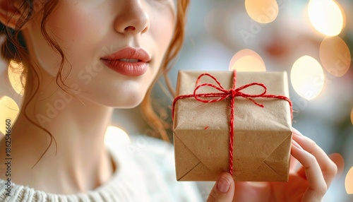 Woman holding a wrapped gift with red twine; soft focus background with bokeh lights