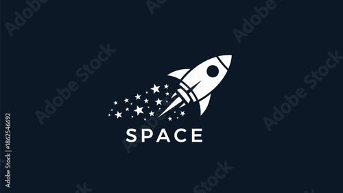 White rocket ship blasting off into space with stars and the word space.