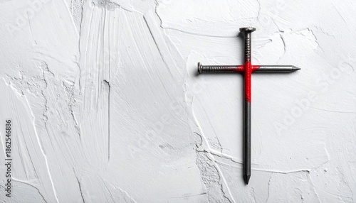 Cross crafted from nails with red paint on a textured white background