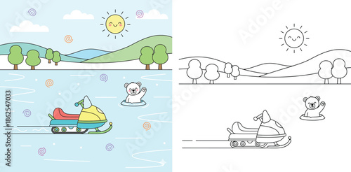 Cute winter landscape coloring page for kids with colored example, featuring a snowmobile, waving polar bear, smiling sun, and snowy hills vector illustration.
