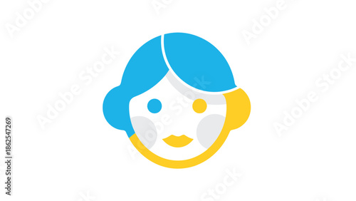 Stylized illustration of a cheerful face with blue hair and yellow accents.