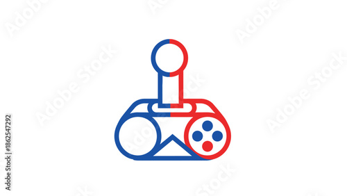 Stylized illustration of a video game controller in vibrant red and blue colors.