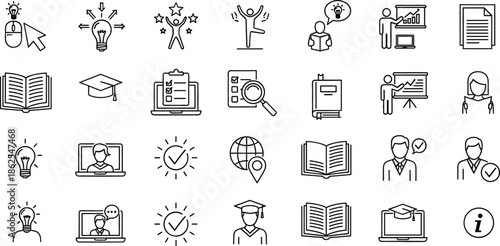 Large collection of black and white line icons for online learning business training education graduation and creative idea concepts