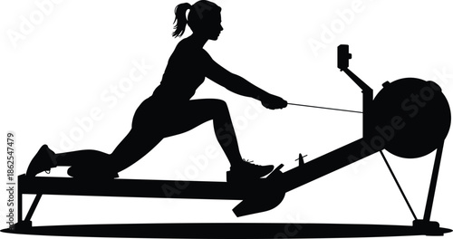 Rowing machine silhouette, fitness icon, gym workout, cardio exercise, vector clipart, black graphic, strength training illustration