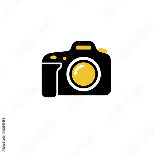 Modern black and yellow camera icon, graphic design, symbol of photography and creativity