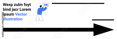 Man in casual attire holding a video player icon with text to the left and bold arrow graphic pointing right. Ideal for navigation, media, progress, direction, marketing, education, simple landing