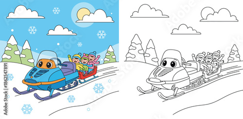 Coloring book page of happy children riding a snowmobile and sled in winter snow landscape vector illustration