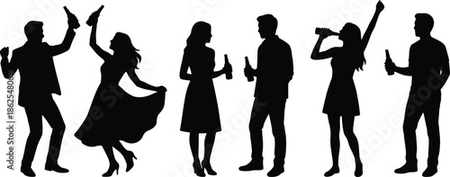 Party silhouettes dancing and drinking beer, happy friends celebrating nightlife, social gathering crowd isolated on white background illustration for design