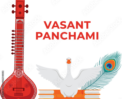 Vasant Panchami festival elements with red Veena, white swan, books and peacock feather, cad drawing flat vector illustration on white background.
