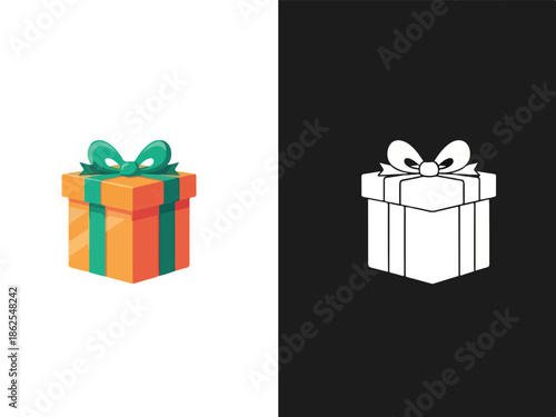 A colorful orange gift box with a green ribbon on a white background alongside a white gift box outline on a black background, conveying a christmas theme with simple graphics.