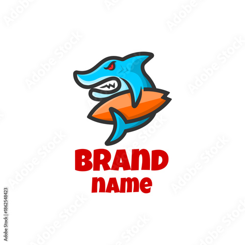 Cartoon shark mascot surfing with orange board vector logo