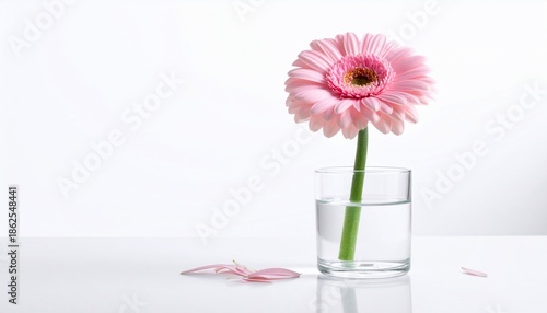 Isolated pink gerbera daisy in a clear glass vase, with petals on a white surface