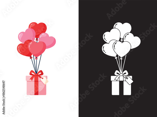 Graphic illustration of colorful heart-shaped balloons tied to gift boxes on white and black backgrounds for Valentine's Day or Christmas celebrations.