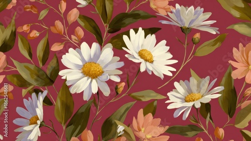Sunlit Daisy Flowers Botanical Pattern Illustration