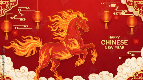 Happy Chinese New Year Greeting with a Galloping Red Fire Horse