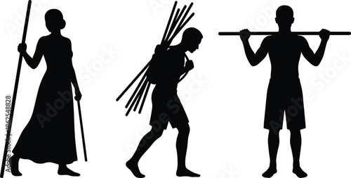 Rural people silhouettes carrying sticks and bundles, traditional village life concept isolated on white background, daily labor illustration design
