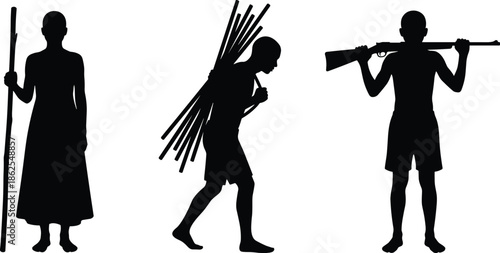 Rural people silhouettes carrying sticks wood and rifle, traditional village life and hunting concept isolated on white background illustration design