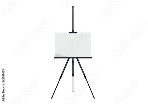 Black professional metal artist tripod easel with blank white square canvas for painting studio and gallery exhibition vector illustration.