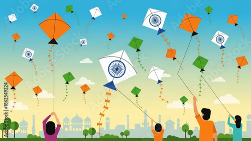 People flying colorful kites with indian flag designs in a clear blue sky with cityscape background on a sunny day with kite flying and people flying kites