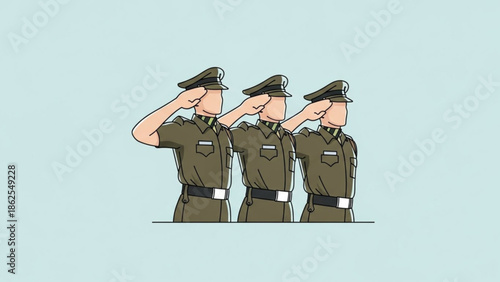 Three soldiers saluting in unison, military personnel in green uniforms and hats with white belts, army salute, patriotism and respect concept