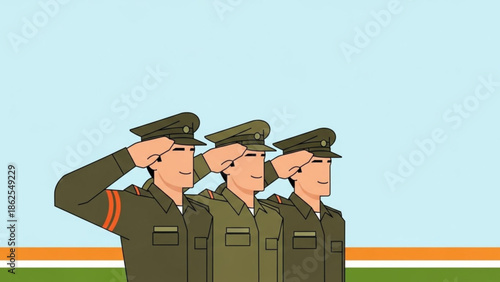 Three soldiers in green uniforms saluting with orange and green background with military and army and force and protection and security and service