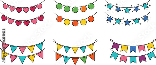 Set of Six Colorful Festive Garland Designs with Hearts, Stars, Circles, and Pennants for Party, Celebration, and Decoration Themes