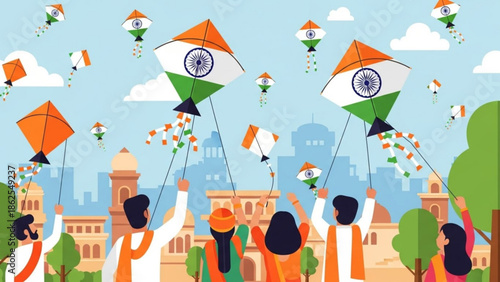 People flying kites with indian flag designs on a sunny day in a city, celebrating a festive occasion with colorful kites and traditional attire