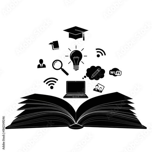 Open book with laptop and icons representing education and technology floating above