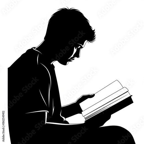A person reading a book in a quiet environment from a side view