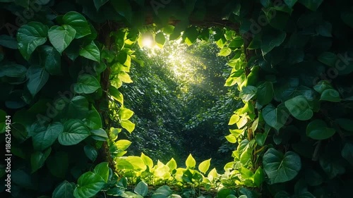 Lush Greenery Framed by Leaves in Sunlit Forest