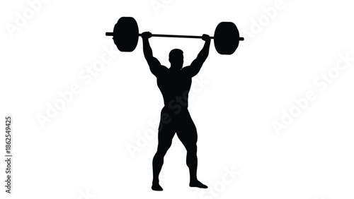 Silhouette of a powerfully built male weightlifter successfully completing the overhead press portion of a demanding clean and jerk exercise in a gym setting