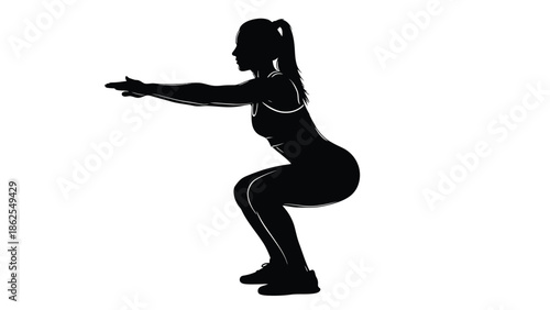 Silhouette graphic of a fit woman performing a deep bodyweight squat exercise demonstrating lower body strength training and proper athletic form for fitness routines