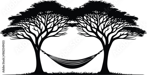 Vector illustration of a comfortable hammock strung between two tall trees for peaceful relaxation and tropical vacation 