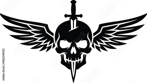 Skull with wings and sword emblem, dark fantasy warrior symbol, aggressive gothic logo, isolated black illustration on white background vector