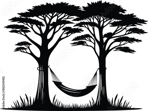 Silhouette of two acacia trees with a hammock strung between them representing a face perfect for concepts of relaxation and nature isolated on white background
