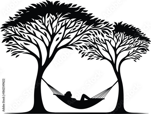 Vector illustration of a comfortable hammock strung between two tall trees for peaceful relaxation and tropical vacation 