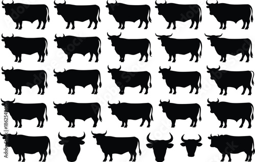 Black bull silhouettes collection isolated on white background, cattle farm animal vector illustration set, livestock icons bundle design