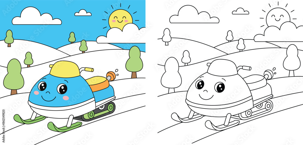 Fototapeta premium Coloring book page for kids vector illustration of cute cartoon snowmobile on snowy winter background with sun and trees.