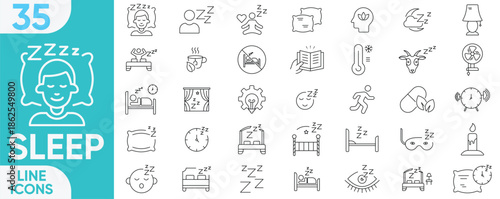 Sleep outline icon set. sleep tracking, night routine, bedroom, dream, pillow, bed, alarm clock, Zzz, pillow, moon, and more.Vector illustration set.