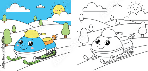 Coloring book page for kids vector illustration of cute cartoon snowmobile on snowy winter background with sun and trees.